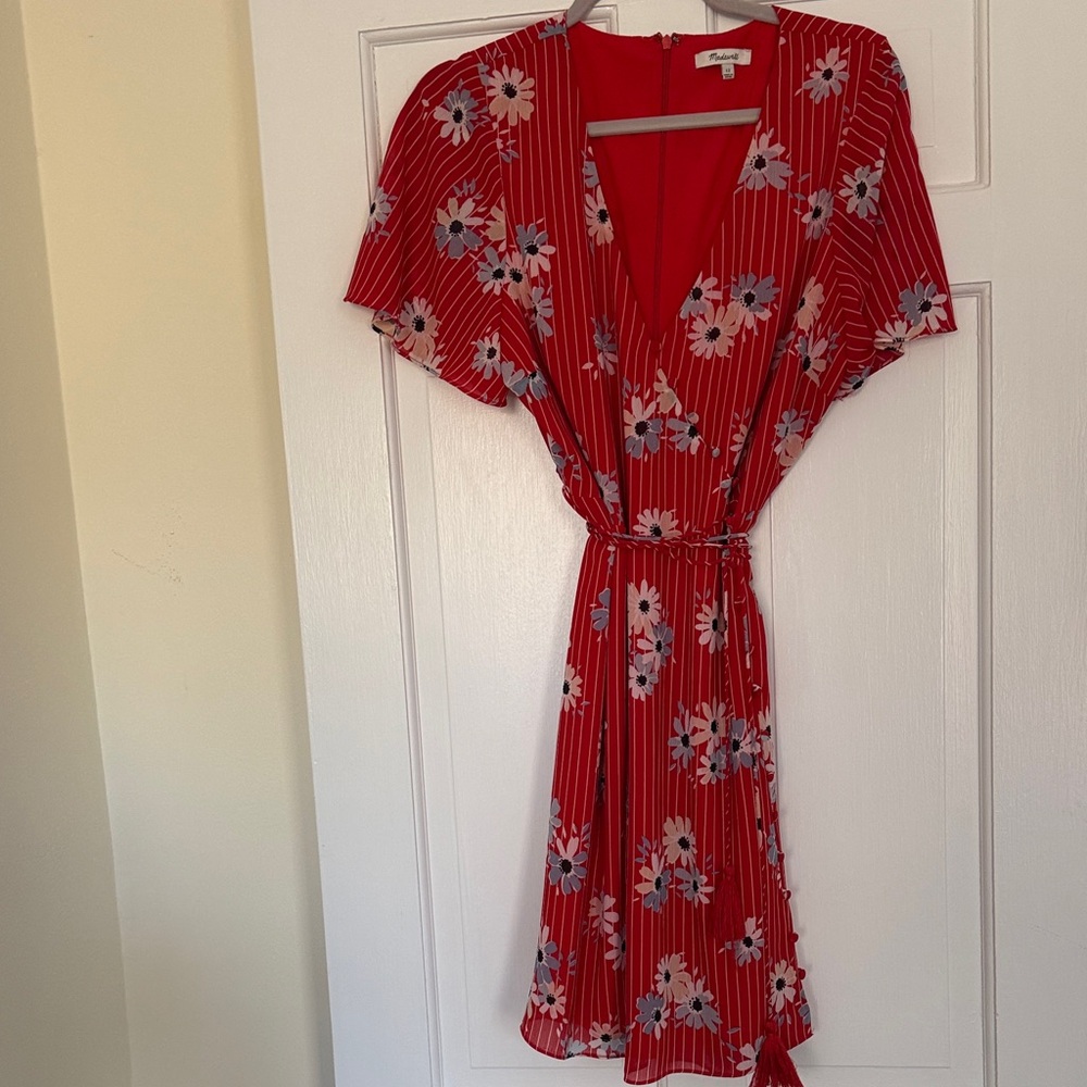 Red Floral Wrap Dress with Tie Waist